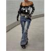 image:imageWomens Off The Shoulder Goth Graphic Tees Long Sleeve Slim Fit Y2K Crop Tops Vintage T ShirtBlack