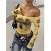 image:imageWomens Off The Shoulder Goth Graphic Tees Long Sleeve Slim Fit Y2K Crop Tops Vintage T ShirtYellow