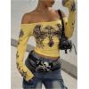 image:imageWomens Off The Shoulder Goth Graphic Tees Long Sleeve Slim Fit Y2K Crop Tops Vintage T ShirtYellow
