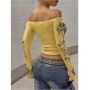 image:imageWomens Off The Shoulder Goth Graphic Tees Long Sleeve Slim Fit Y2K Crop Tops Vintage T ShirtYellow