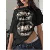 image:imageWomens Off The Shoulder Tops Short Sleeve Lip Graphic Tees Retro Y2K Summer T ShirtsBlack