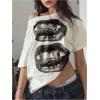 image:imageWomens Off The Shoulder Tops Short Sleeve Lip Graphic Tees Retro Y2K Summer T ShirtsWhite