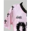 image:imageWomens Satin Jersey Shirts Bowknot Number Graphic Tees Short Sleeve V Neck Sports T Shirt StreetwearLight Pink