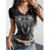 image:imageWomens Sparkly Rhinestone Goth T Shirts Short Sleeve V Neck Tight Shirt Summer Going Out Crop TopsBlack