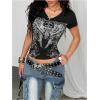image:imageWomens Sparkly Rhinestone Goth T Shirts Short Sleeve V Neck Tight Shirt Summer Going Out Crop TopsBlack