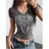 image:imageWomens Sparkly Rhinestone Goth T Shirts Short Sleeve V Neck Tight Shirt Summer Going Out Crop TopsDark Grey