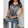 image:imageWomens Sparkly Rhinestone Goth T Shirts Short Sleeve V Neck Tight Shirt Summer Going Out Crop TopsDark Grey