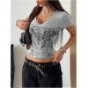 image:imageWomens Sparkly Rhinestone Goth T Shirts Short Sleeve V Neck Tight Shirt Summer Going Out Crop TopsGrey