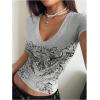 image:imageWomens Sparkly Rhinestone Goth T Shirts Short Sleeve V Neck Tight Shirt Summer Going Out Crop TopsGrey