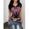 image:imageWomens Sparkly Rhinestone Goth T Shirts Short Sleeve V Neck Tight Shirt Summer Going Out Crop TopsPink and Black