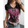image:imageWomens Sparkly Rhinestone Goth T Shirts Short Sleeve V Neck Tight Shirt Summer Going Out Crop TopsPink and Black