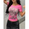 image:imageWomens Sparkly Rhinestone Goth T Shirts Short Sleeve V Neck Tight Shirt Summer Going Out Crop TopsRhinestone Pink