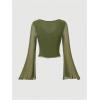 image:imageWomens Tie Front V Neck Sheer Mesh Tops Long Flounce Sleeve Asymmetrical Hem T ShirtGreen