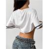 image:imageWomens Y2K Lace Mesh Jersey Shirts V Neck Short Sleeve Off The Shoulder Tops Crop Graphic TeesLight White