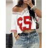 image:imageWomens Y2K Lace Mesh Jersey Shirts V Neck Short Sleeve Off The Shoulder Tops Crop Graphic TeesSolid White