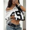 image:imageWomens Y2K Lace Mesh Jersey Shirts V Neck Short Sleeve Off The Shoulder Tops Crop Graphic TeesWhite