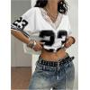 image:imageWomens Y2K Lace Mesh Jersey Shirts V Neck Short Sleeve Off The Shoulder Tops Crop Graphic TeesWhite
