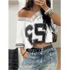 image:imageWomens Y2K Lace Mesh Jersey Shirts V Neck Short Sleeve Off The Shoulder Tops Crop Graphic TeesWhite