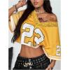 image:imageWomens Y2K Lace Mesh Jersey Shirts V Neck Short Sleeve Off The Shoulder Tops Crop Graphic TeesYellow