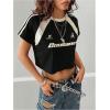 image:imageWomens Y2K Short Sleeve Crop T Shirts Striped Letter Graphic Tees Music Festival Crop TopsBlack