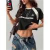 image:imageWomens Y2K Short Sleeve Crop T Shirts Striped Letter Graphic Tees Music Festival Crop TopsBlack