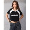 image:imageWomens Y2K Short Sleeve Crop T Shirts Striped Letter Graphic Tees Music Festival Crop TopsBlack White