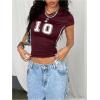 image:imageWomens Y2K Sporty Jersey Shirts V Neck Sleeve Tight Cropped Tees Street Graphic Summer TopBurgundy