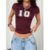 image:imageWomens Y2K Sporty Jersey Shirts V Neck Sleeve Tight Cropped Tees Street Graphic Summer TopBurgundy