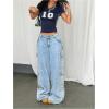 image:imageWomens Y2K Sporty Jersey Shirts V Neck Sleeve Tight Cropped Tees Street Graphic Summer TopDeep Blue