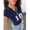 image:imageWomens Y2K Sporty Jersey Shirts V Neck Sleeve Tight Cropped Tees Street Graphic Summer TopDeep Blue
