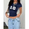 image:imageWomens Y2K Sporty Jersey Shirts V Neck Sleeve Tight Cropped Tees Street Graphic Summer TopDeep Blue