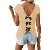 image:imageWomens Bow Shirts Short Cap Sleeve V Neck Asymmetrical Backless Tops Elegant Casual Summer TopsApricot