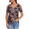 image:imageWomens Camo Cold Shoulder T Shirt V Neck Short Sleeve Slim Fit 2025 Summer Tee TopsBrown