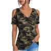 image:imageWomens Camo Cold Shoulder T Shirt V Neck Short Sleeve Slim Fit 2025 Summer Tee TopsGreen