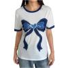 image:imageWomens Graphic Cherry Bow Tees Casual Letter Print Round Neck T Shirt Summer Short Sleeve Trendy TopsWhite Bow Blue
