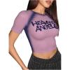 image:imageWomens Graphic Print Sheer Crop Tees Short Sleeve Crew Neck TShirts Going Out TopsPurple