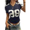 image:imageWomens Jersey Shirts V Neck Short Sleeve Graphic Tees Number Color Block Fitted Sports Crop TopsDeep Blue