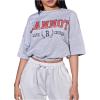 image:imageWomens Letter Print Graphic Tees Y2K Half Sleeve Elastic Waist Crew Neck Summer T ShirtsGrey