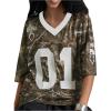image:imageWomens Number Print Mesh Oversized Jersey Shirts Striped Trim Half Sleeve Baggy Camo Graphic TeesCamo Multicolor