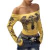image:imageWomens Off The Shoulder Goth Graphic Tees Long Sleeve Slim Fit Y2K Crop Tops Vintage T ShirtYellow