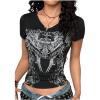 image:imageWomens Sparkly Rhinestone Goth T Shirts Short Sleeve V Neck Tight Shirt Summer Going Out Crop TopsBlack