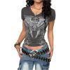 image:imageWomens Sparkly Rhinestone Goth T Shirts Short Sleeve V Neck Tight Shirt Summer Going Out Crop TopsDark Grey