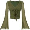 image:imageWomens Tie Front V Neck Sheer Mesh Tops Long Flounce Sleeve Asymmetrical Hem T ShirtGreen