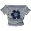 image:imageWomens Y2K Hibiscus Floral Graphic Tees Short Sleeve Ruched Off The Shoulder Tops Cute T ShirtsLight Grey