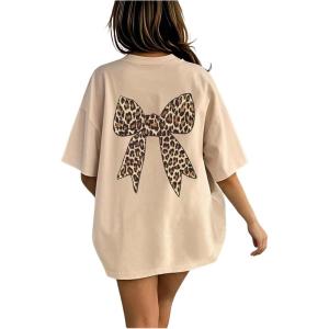 image:imageOverized Tshirts for Women Bow Leopard Graphic Tees Short Sleeve Aesthetic Baggy Summer TopsBeige