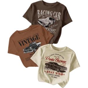 image:imageVintage Graphic Tees for Women Crewneck Slim Fit Crop Tops Summer Tops Trendy 3 PackMulticolor