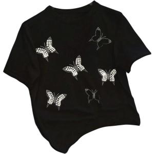 image:imageWomens Beaded Sequin Bowknot T Shirt Short Sleeve Crew Neck Embroidery Trendy Tee Y2k TopsBlack