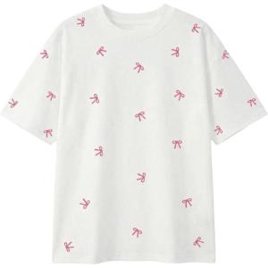 image:imageWomens Beaded Sequin Bowknot T Shirt Short Sleeve Crew Neck Embroidery Trendy Tee Y2k TopsBow White