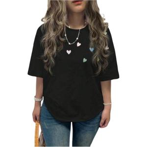 image:imageWomens Beaded Sequin Bowknot T Shirt Short Sleeve Crew Neck Embroidery Trendy Tee Y2k TopsHeart Black