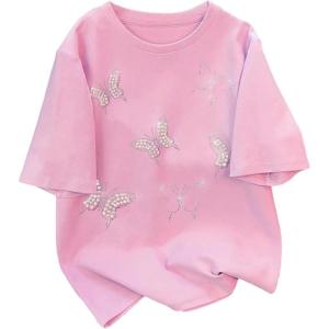 image:imageWomens Beaded Sequin Bowknot T Shirt Short Sleeve Crew Neck Embroidery Trendy Tee Y2k TopsLight Pink